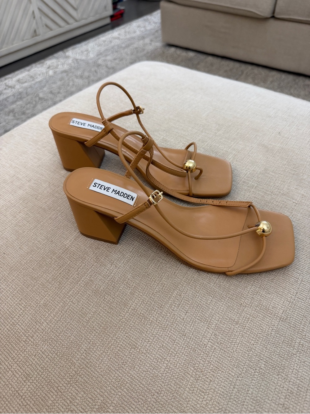 Steve Madden Tan Strappy Block Heel Sandals with Gold Accent